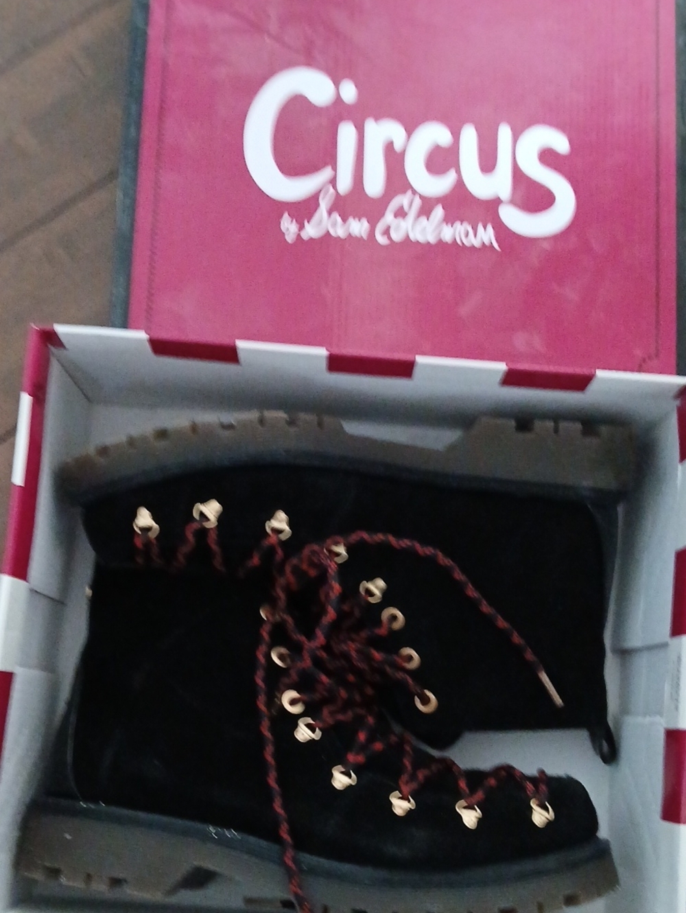 Circus by Sam Edelman Black Suede Lace-Up Ankle Boots with Brown Lug Sole